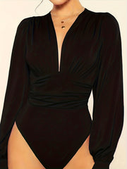 Ruffled V Neck Long Sleeve Bodysuit Women's Clothing