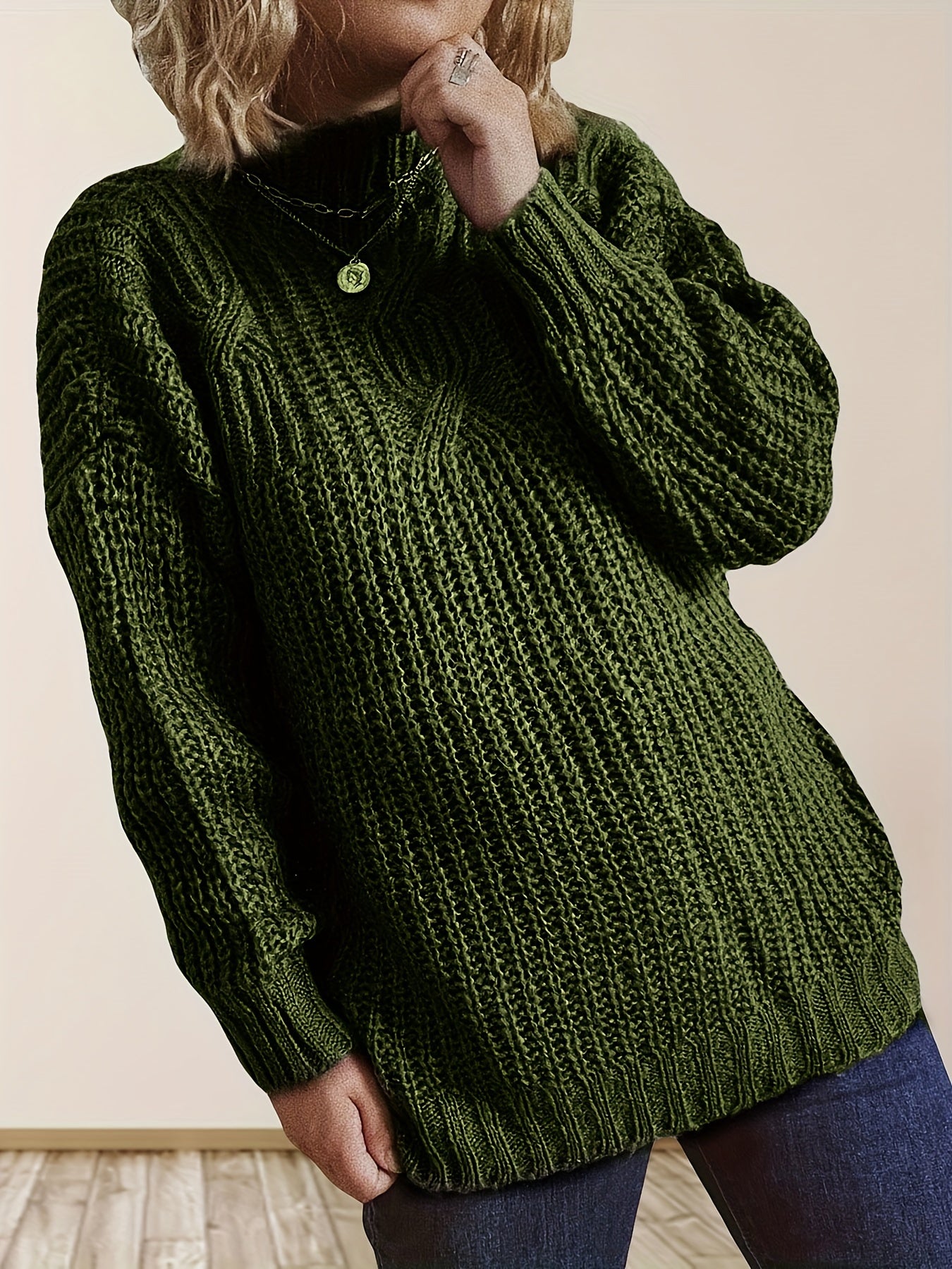Plaid Cable Knit Sweater Long Sleeve Turtle Neck Pullover