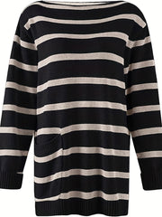 Casual Sweater Women's Plus Stripe Print Boat Neck Jumper