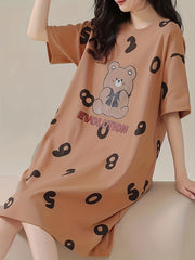 Bear Print Nightdress Short Sleeve Crew Neck Pajama Dress