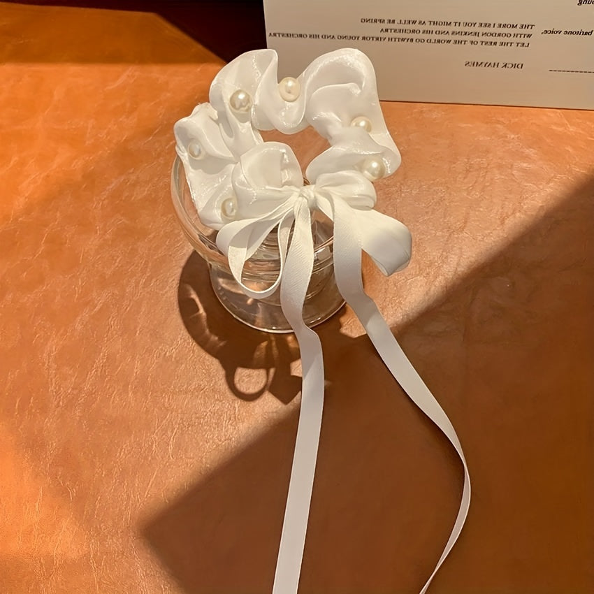 Faux Pearl Scrunchies Hair Tie Ribbon Tassel Hair Rope Satin Soft Ponytail