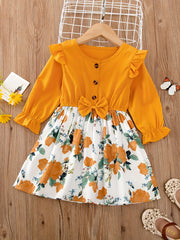 Floral Button Bow Ruffle Trim Princess Dress for Spring