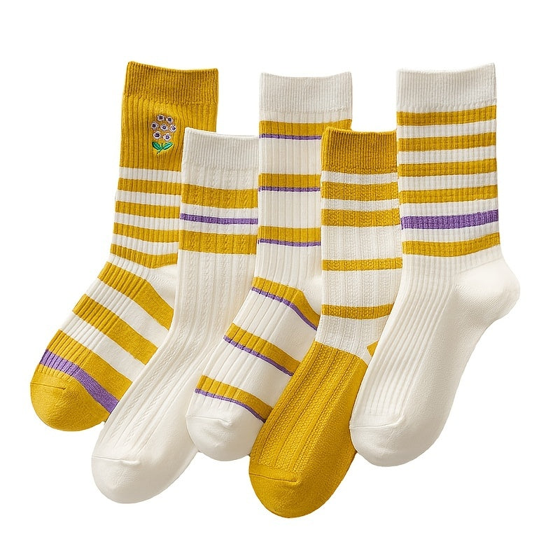 5 Pairs Striped Crew Socks Women's Stockings