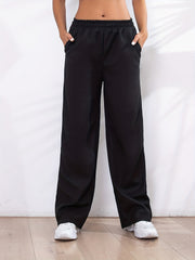 Solid Elastic Waist Straight Leg Pants Casual Loose Drape Pocket Pants