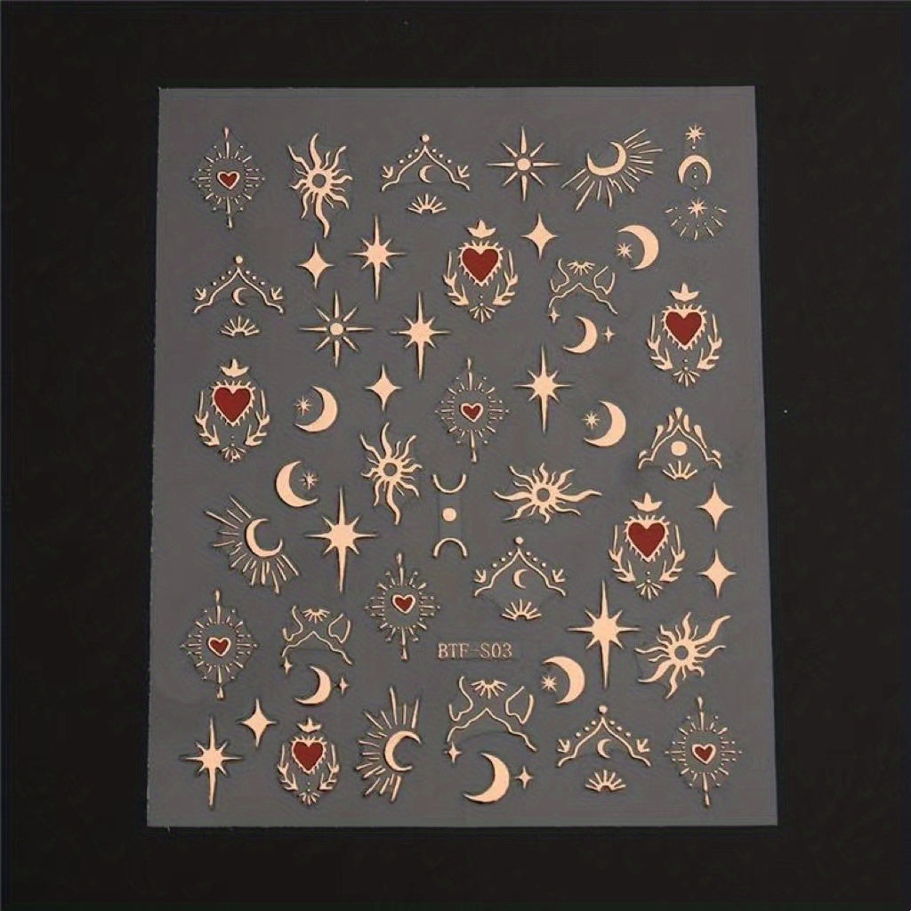 Golden Sun Moon Star Nail Art Stickers Self Adhesive 3D Decals for DIY Nail Deco