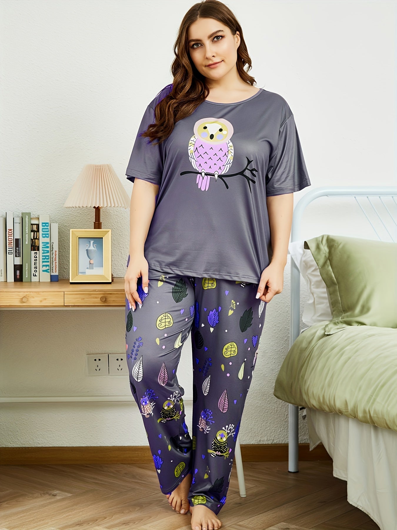 Owl Print Short Sleeve Top & Leaf Pants Pajama Set