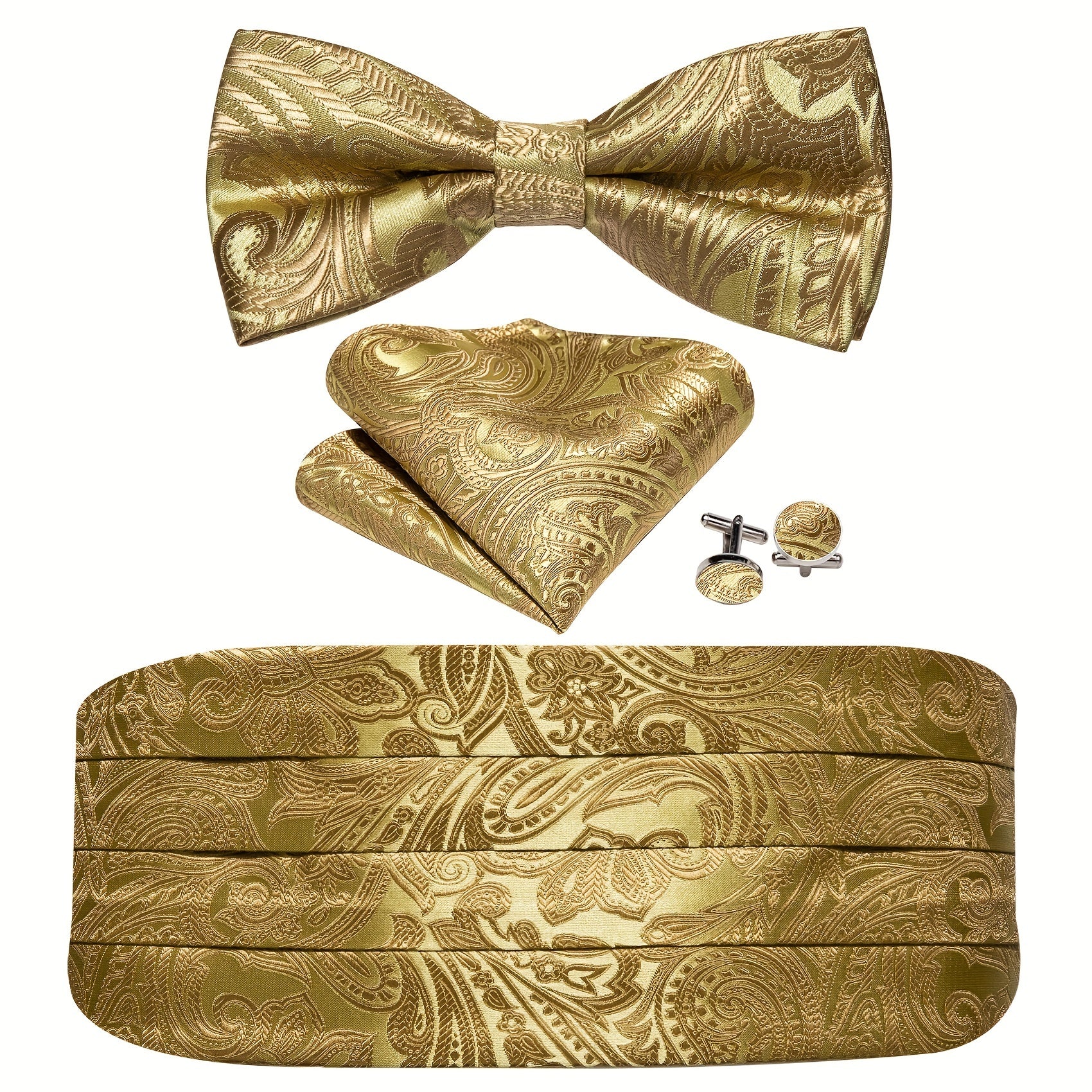 Barry Wang Men's Golden Cummerbund Bowtie Set Silk Paisley Floral