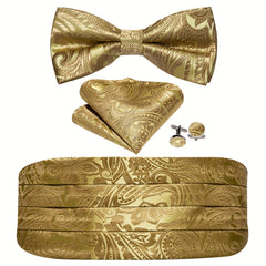 Barry Wang Men's Golden Cummerbund Bowtie Set Silk Paisley Floral