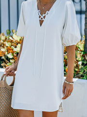 Lace Up Bubble Sleeve V Neck Layered Dress