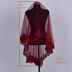 Red Lace Bridal Veil Single Layer Wedding Headpiece Romantic Bride Hair