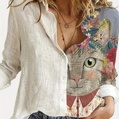 Colorblock Cat & Floral Print Button-Up Long Sleeve Blouse