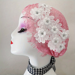 Flower Decor Lace Beanie Hollow Out Turban Cap French Style Head Wrap