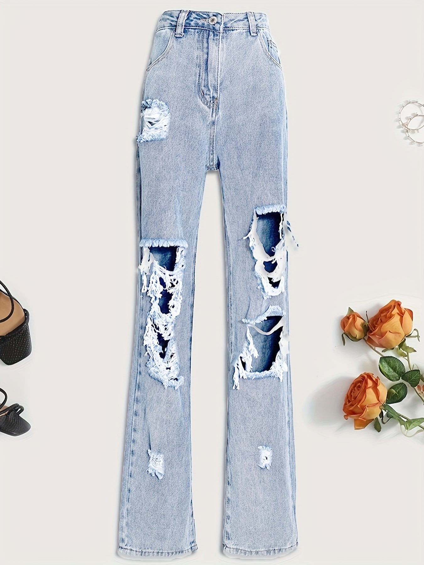 High Waist Distressed Loose Fit Denim Pants Women's Jeans
