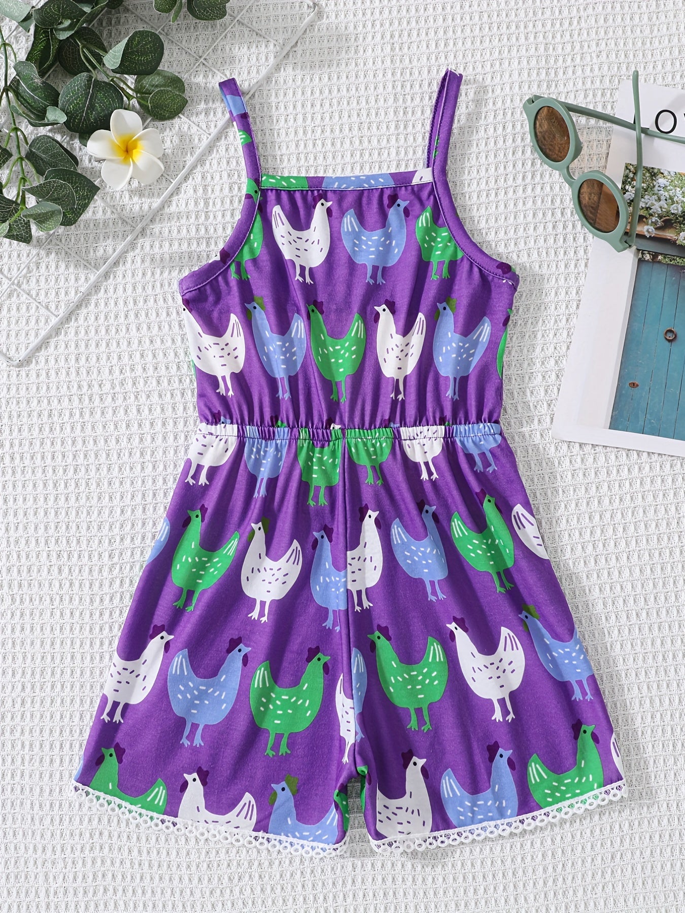 Girls' Chicken Farm Print Romper Jumpsuit