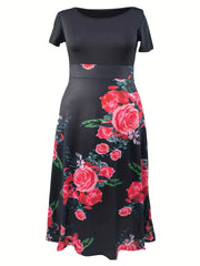 Rose Print Short Sleeve Maxi Dress