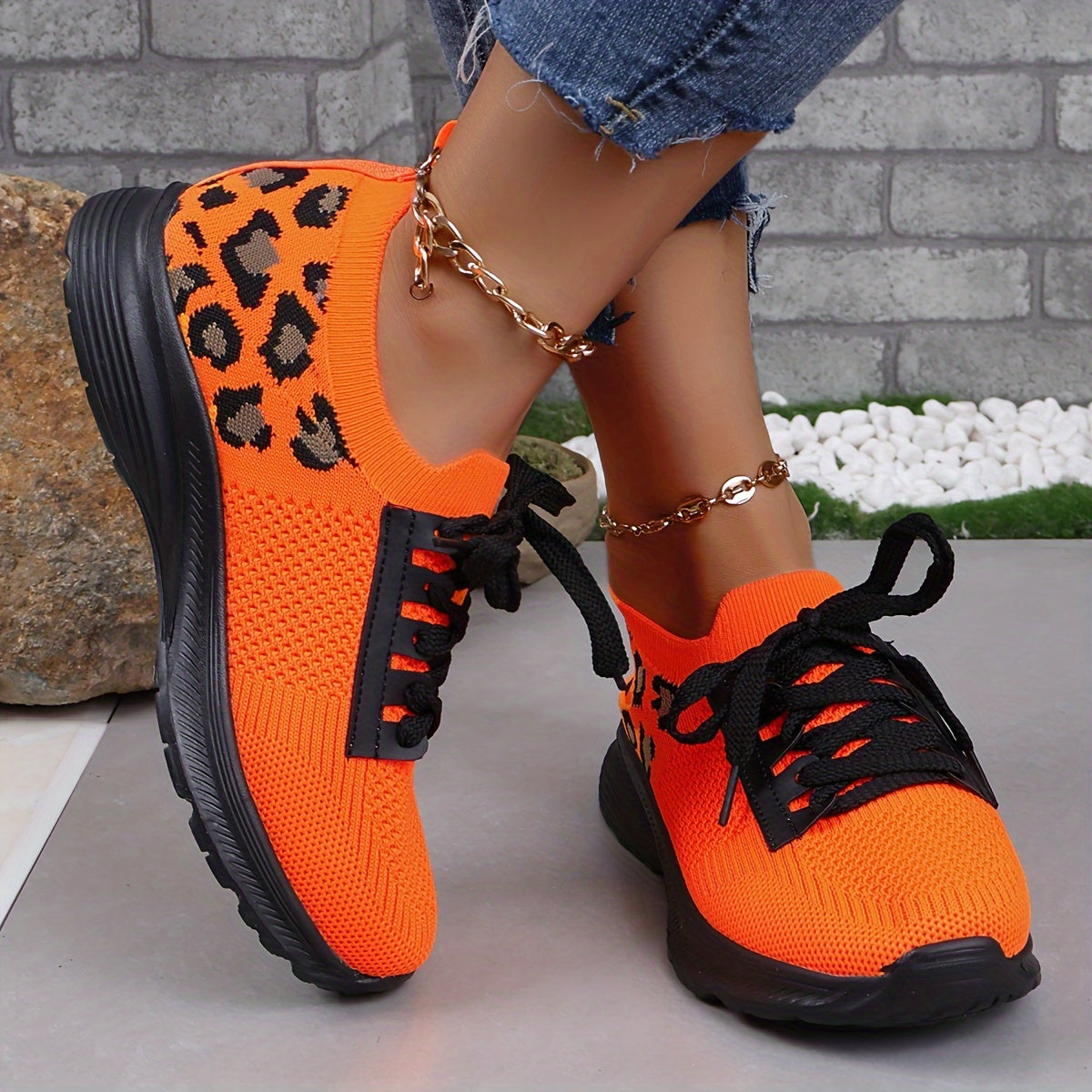 Leopard Print Lace-up Running Shoes Women's Footwear