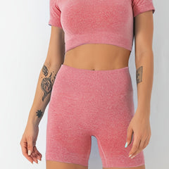 2pcs Seamless Workout Sets Crop Top & Biker Shorts Women's Activewear