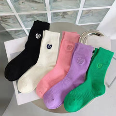 5 Pairs Heart Print Crew Socks Breathable Sports Stockings