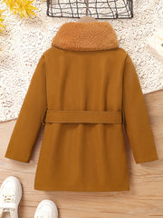 Girls' Stylish Fur Collar Jacket Belt Set for Autumn/Winter
