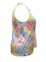 Sports Top Women's Plus Tropical Print Polo Neck Medium Stretch