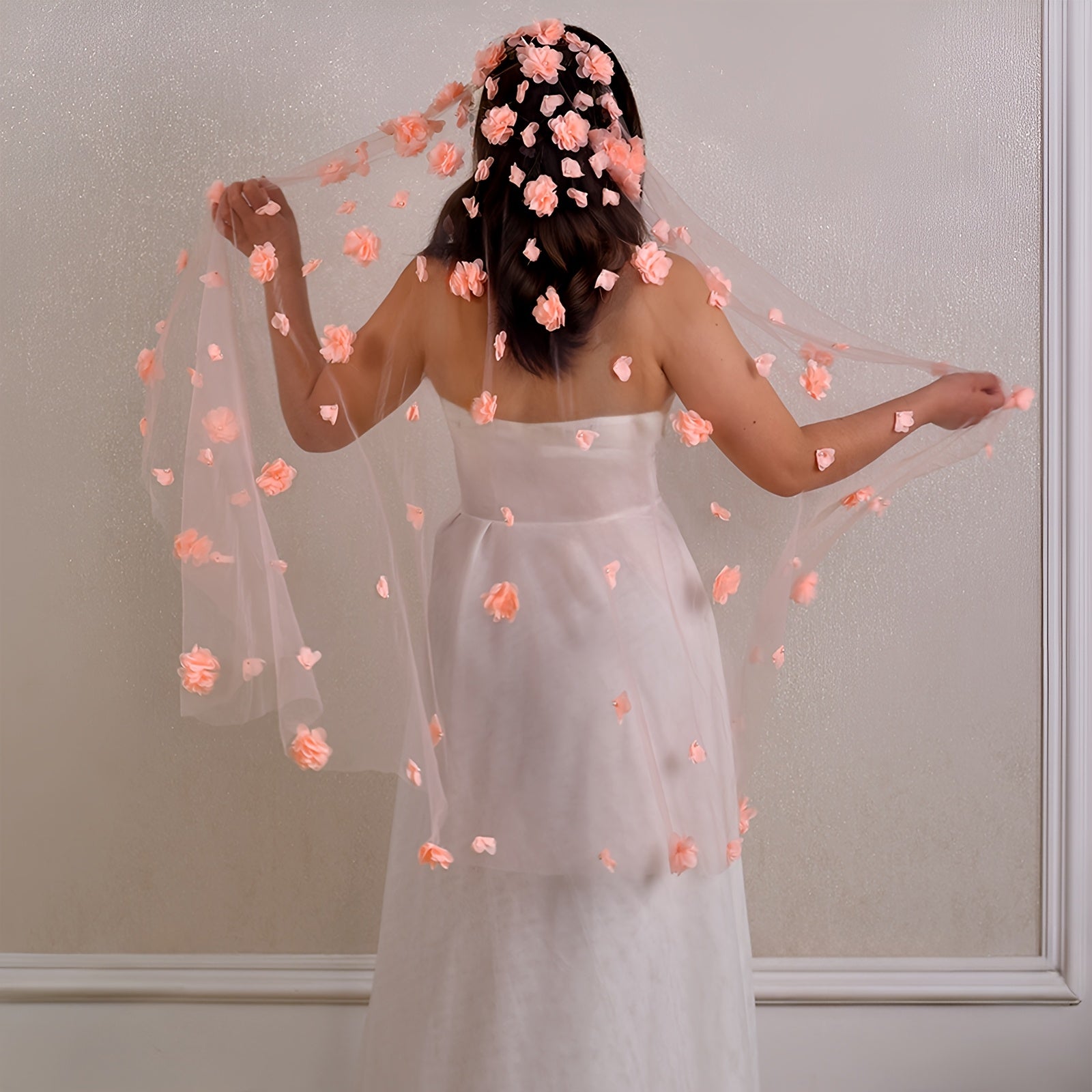 Romantic 3D Floral Bridal Veil Pink Flowers Long Finger Length