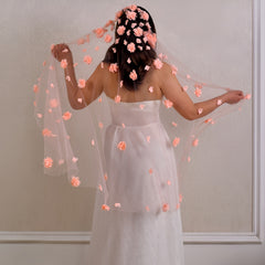 Romantic 3D Floral Bridal Veil Pink Flowers Long Finger Length