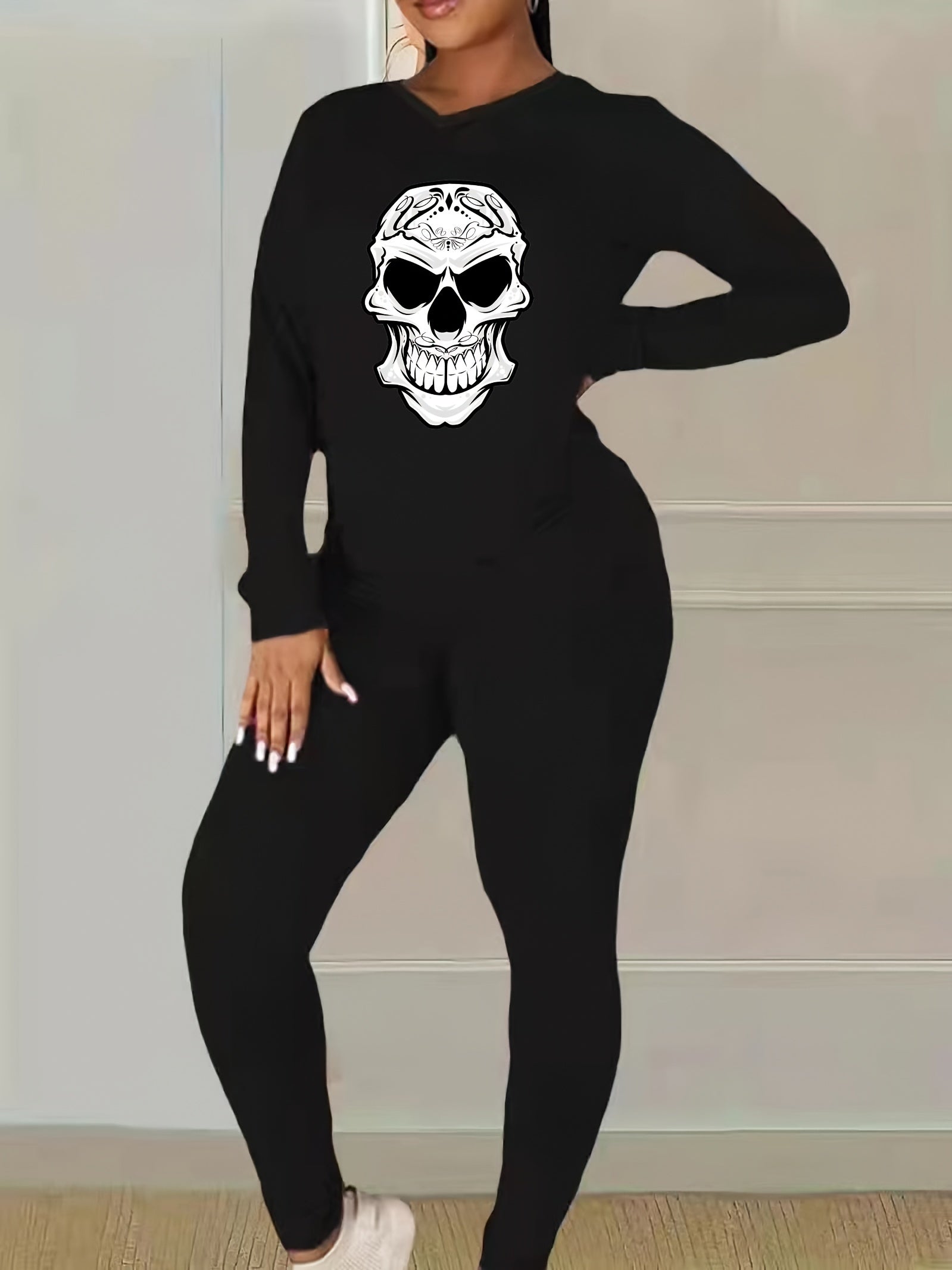 Women's Plus Size Skull Print Top & Leggings Set