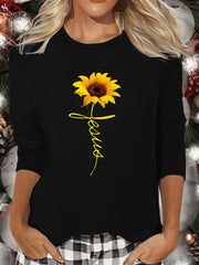 Sunflower Print Lounge Top Long Sleeve Crew Neck Women's Loungewear