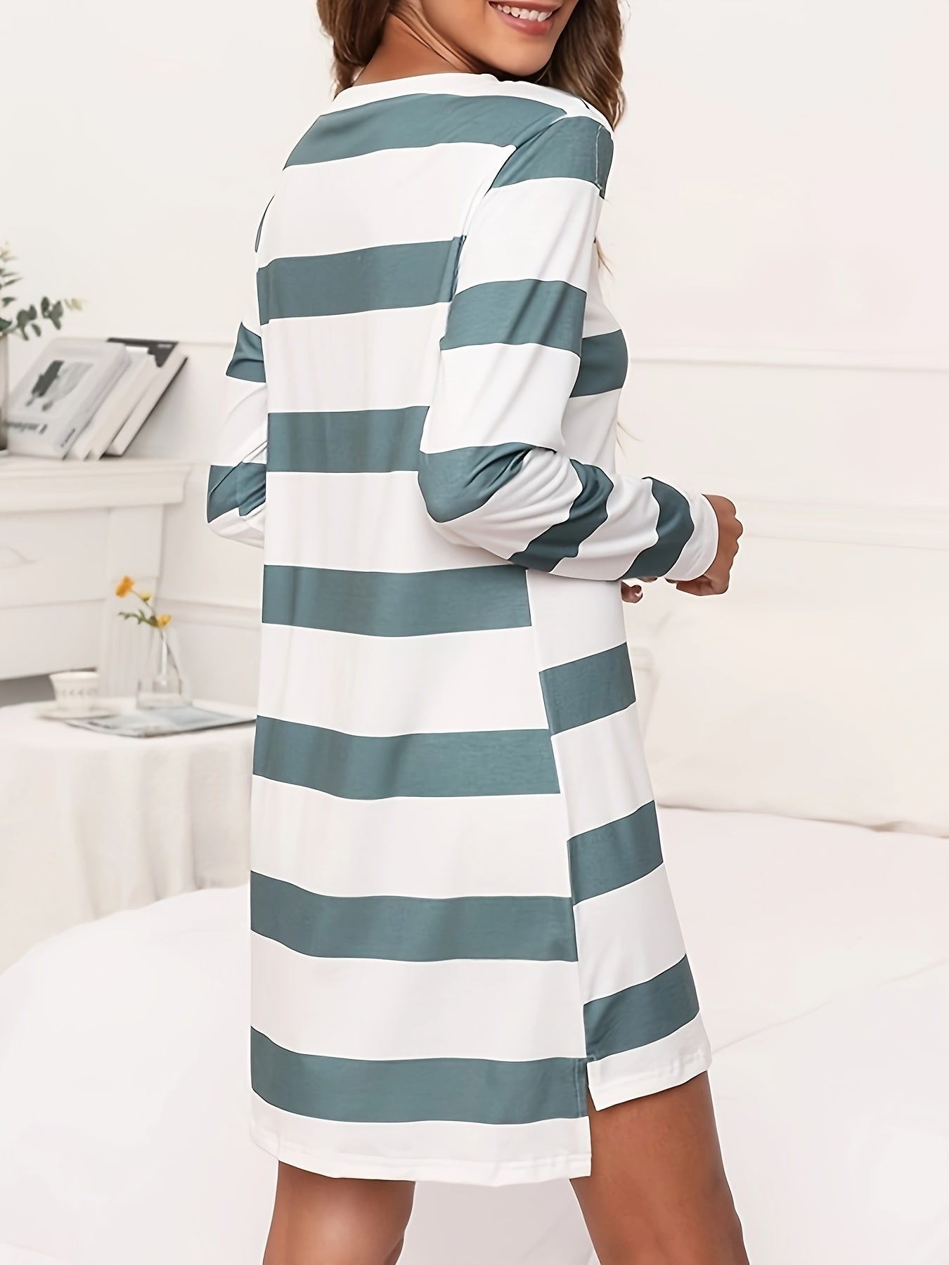 Striped Print Lounge Dress Crew Neck Long Sleeve Comfy Home Dress