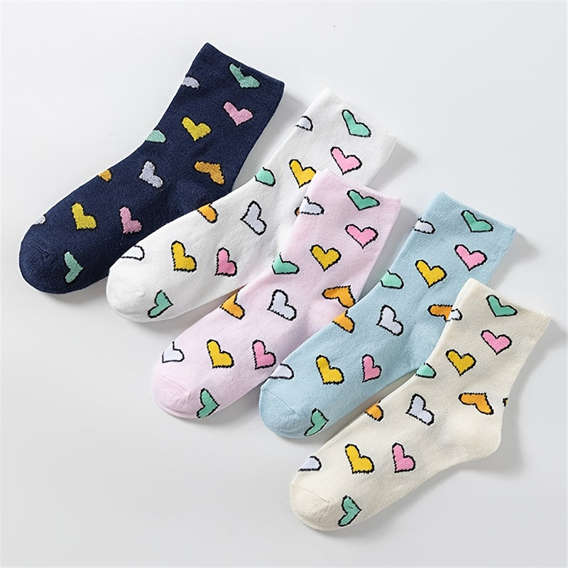 5 Pairs Heart Print Socks Comfy Women's Stockings & Hosiery
