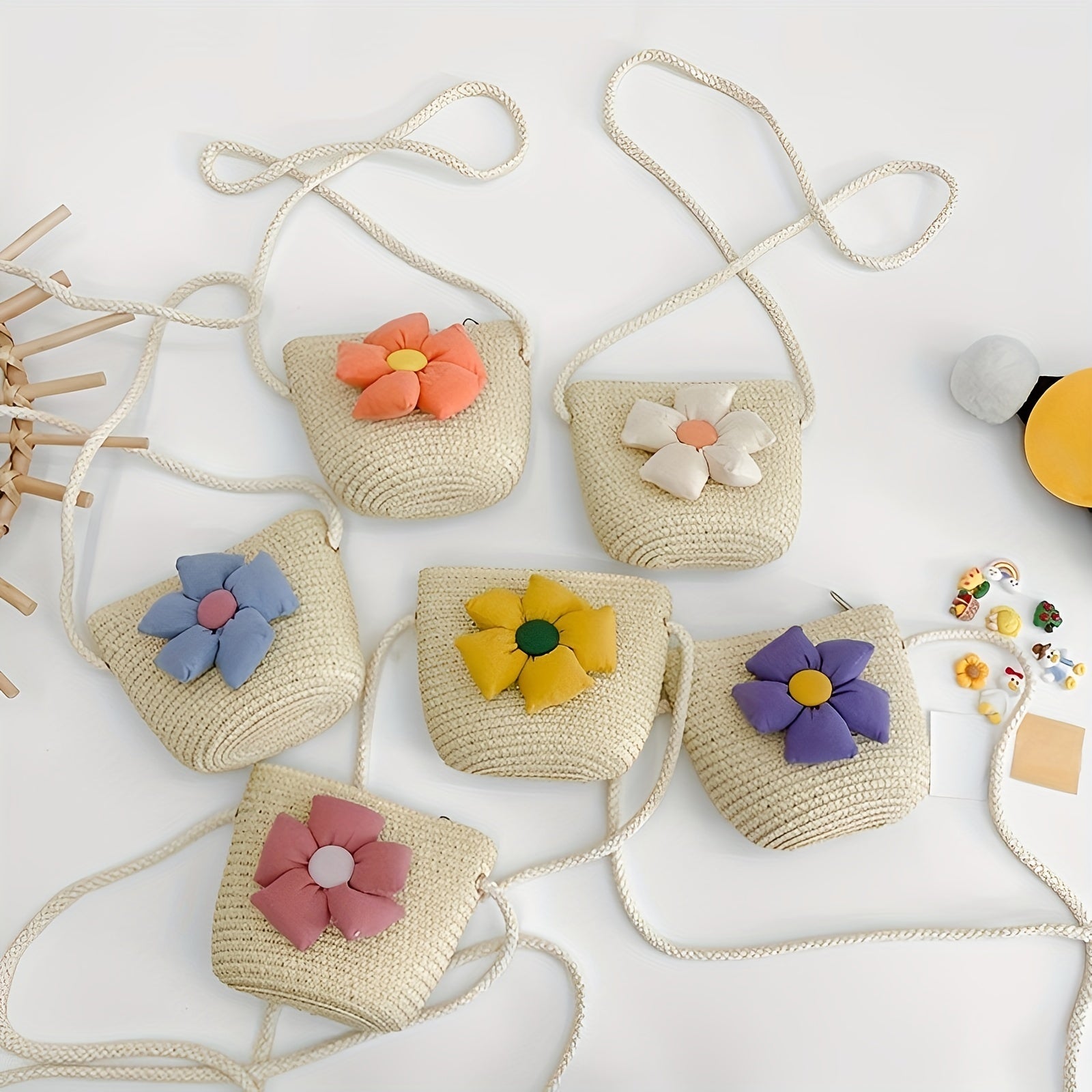Girls Casual Braided Straw Bag With Flower Decoration Shoulder Bag