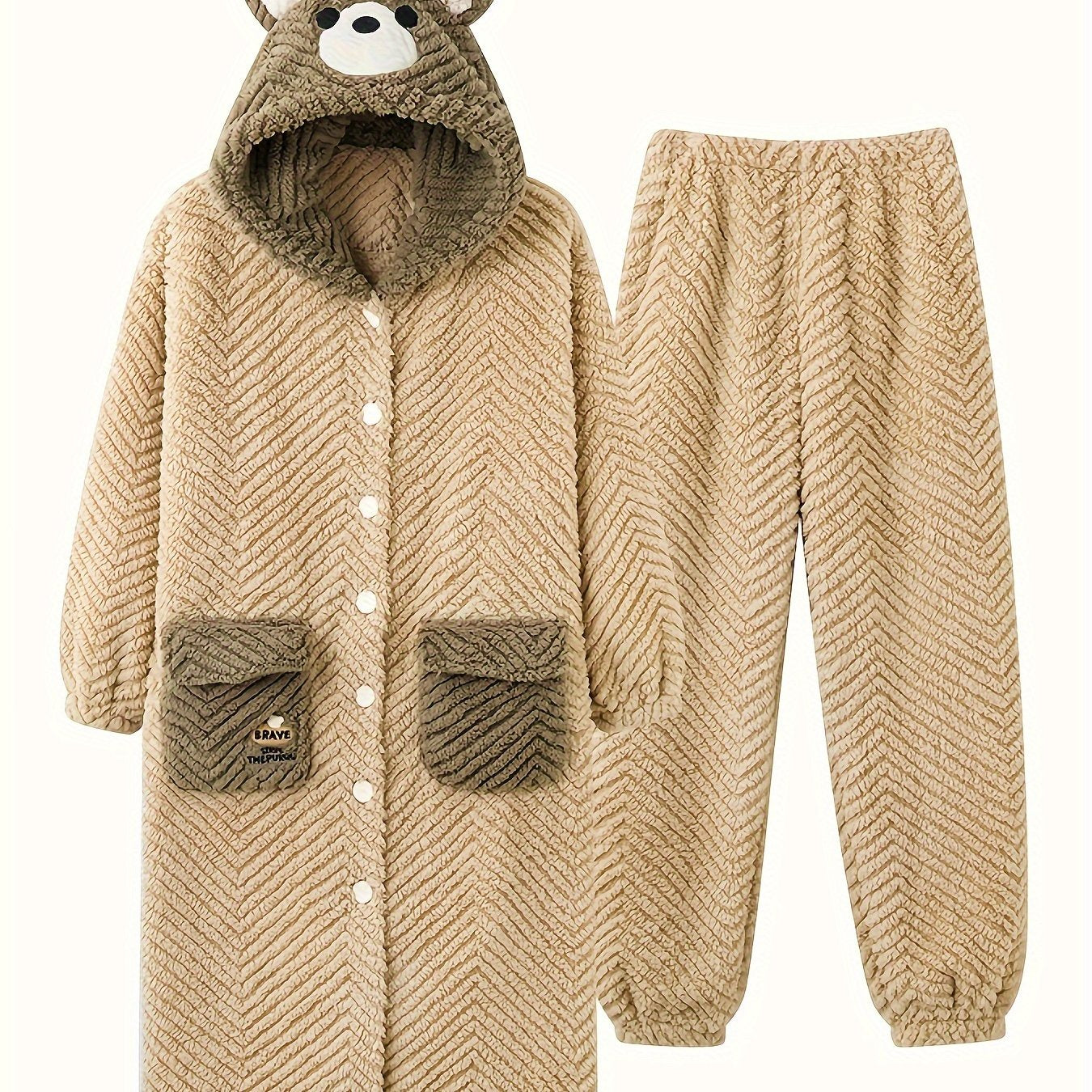 Cartoon Bear Pajama Set Robe & Pants Women's Sleepwear
