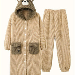Cartoon Bear Pajama Set Robe & Pants Women's Sleepwear