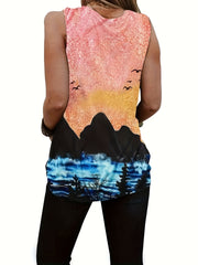 Women's Summer Tank Top All Over Print Crew Neck Casual Sleeveless Shirt