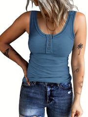 Button Front Crew Neck Tank Top Sleeveless Casual Summer Women's Top