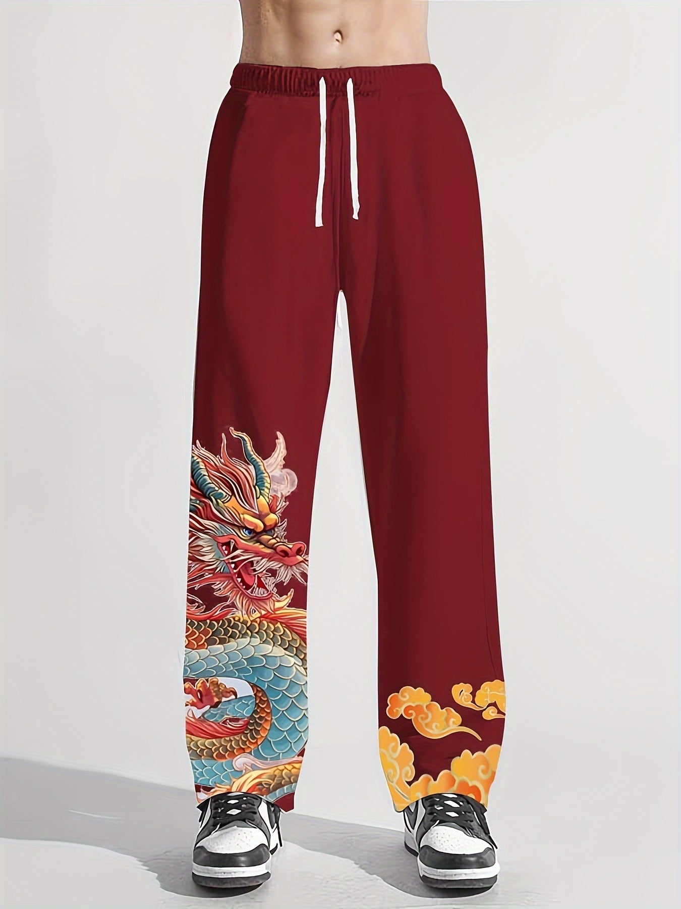 Men's Loose Dragon Pattern Pants With Pockets Drawstring Trousers