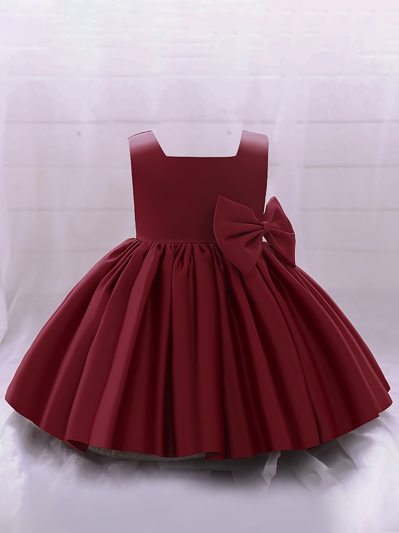 Girls Cute Bow Pleated Gown Dress Sleeveless Baby First Birthday Baptism Dress