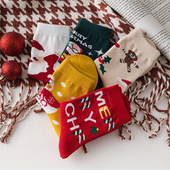 5Pairs Kids Christmas Crew Socks Cotton Blend Cartoon Snowman Design