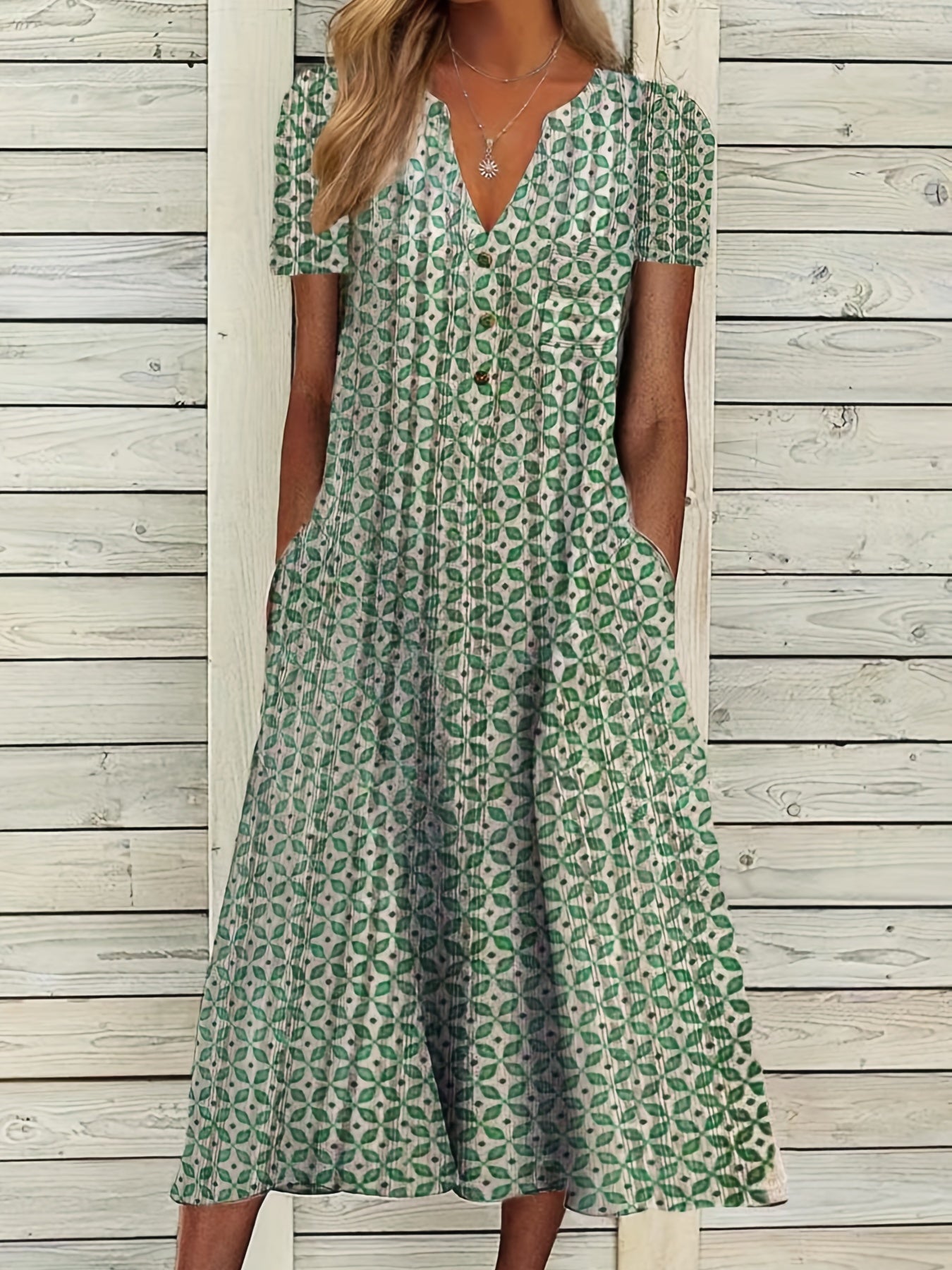 Button Front Allover Print Dress Casual Short Sleeve Dress
