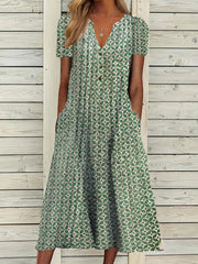 Button Front Allover Print Dress Casual Short Sleeve Dress