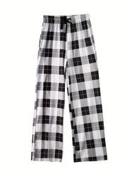 Plaid Print Drawstring Waist Pants Casual Straight Leg Pants