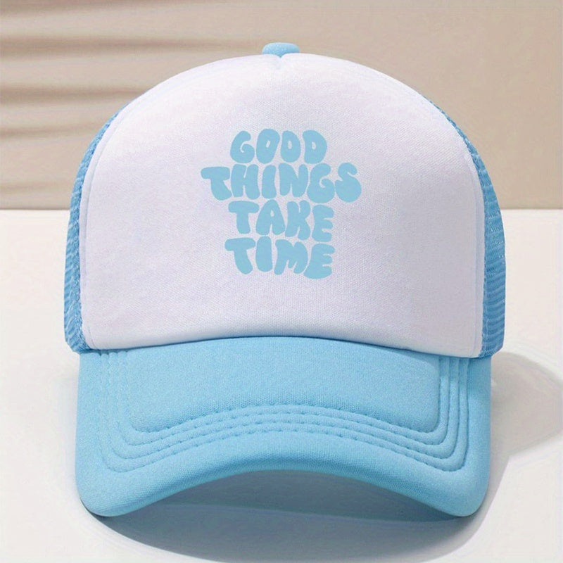 Unisex Block Trucker Hat GOOD THINGS TAKE TIME Print Mesh Baseball Cap