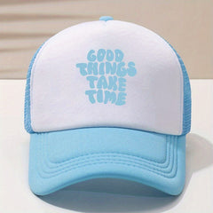 Unisex Block Trucker Hat GOOD THINGS TAKE TIME Print Mesh Baseball Cap