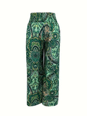 Floral Print Wide Leg Pants Casual Shirred Waist Pants