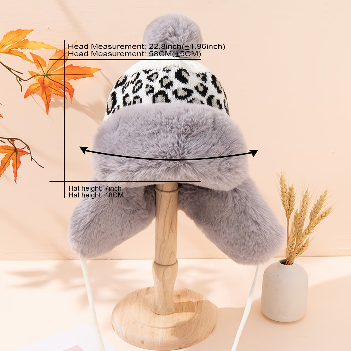 Leopard Print Fleece Lined Hat with Pom Pom