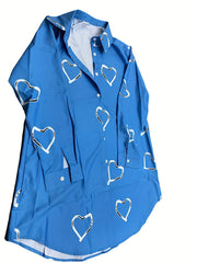 Heart Print Long Sleeve Shirt Dress