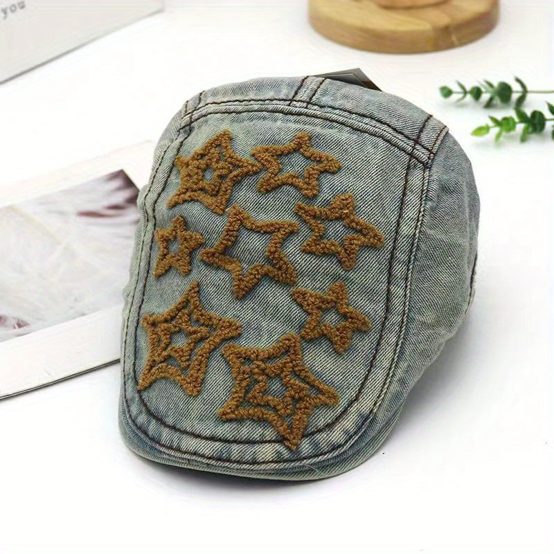 Vintage Washed Distressed Denim Beret with Pentagram Patch