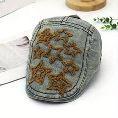 Vintage Washed Distressed Denim Beret with Pentagram Patch
