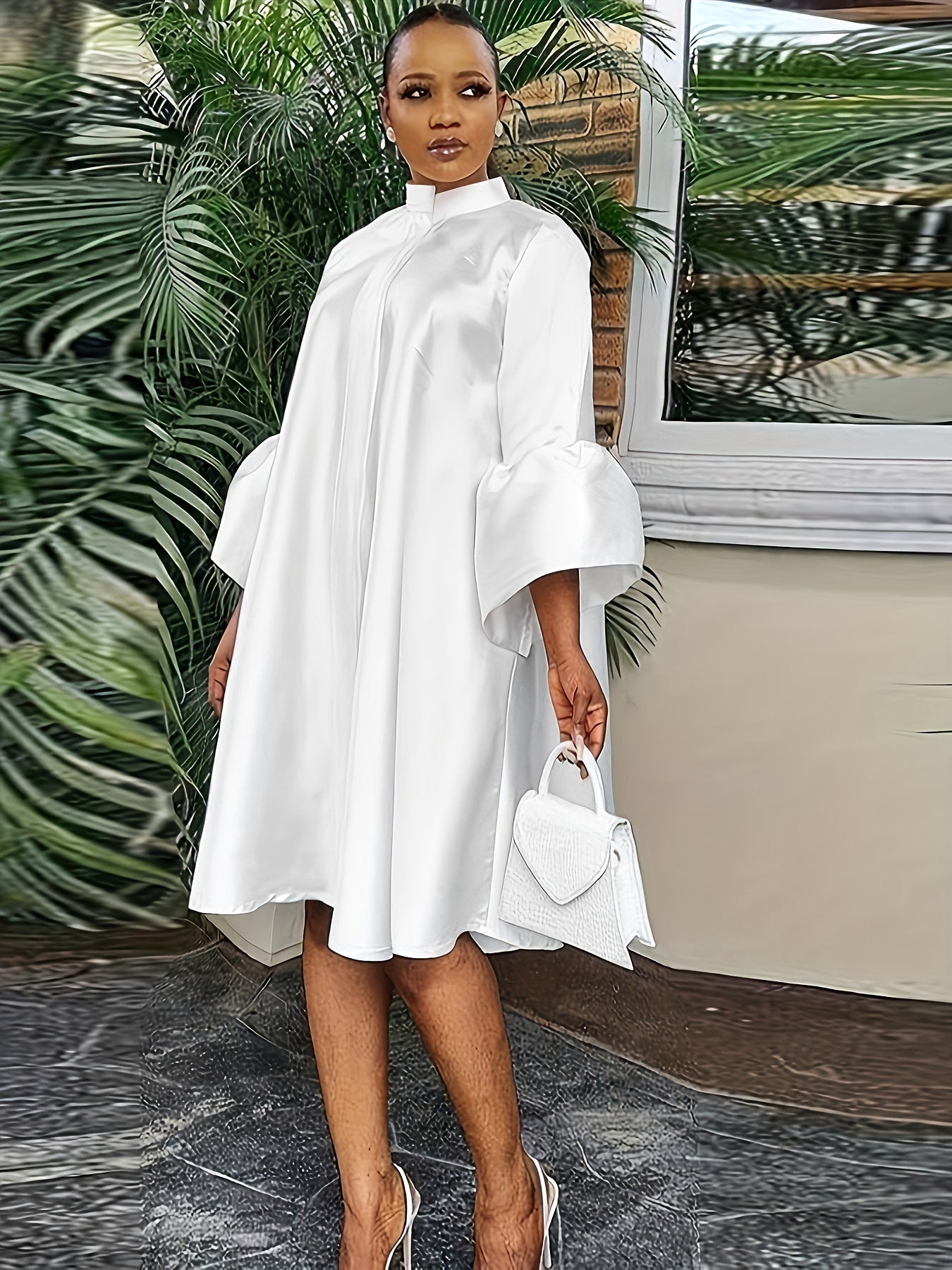Solid Flared 3/4 Sleeve Dress Casual Mock Neck Midi Loose Dress