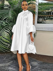 Solid Flared 3/4 Sleeve Dress Casual Mock Neck Midi Loose Dress